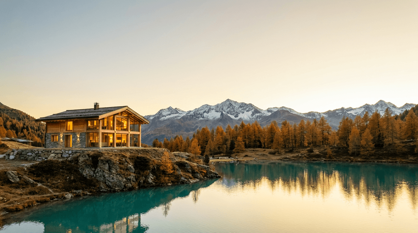 A Swiss chalet glowing at golden hour above an alpine lake